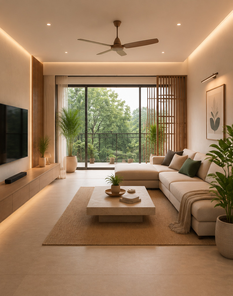 The same room planned for Bengaluru: screened glazing, layered warm light, low-maintenance finishes