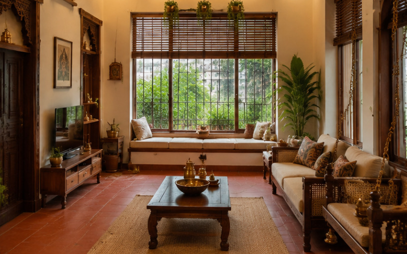 A Bengaluru hall with red oxide flooring, teak joinery and shaded windows